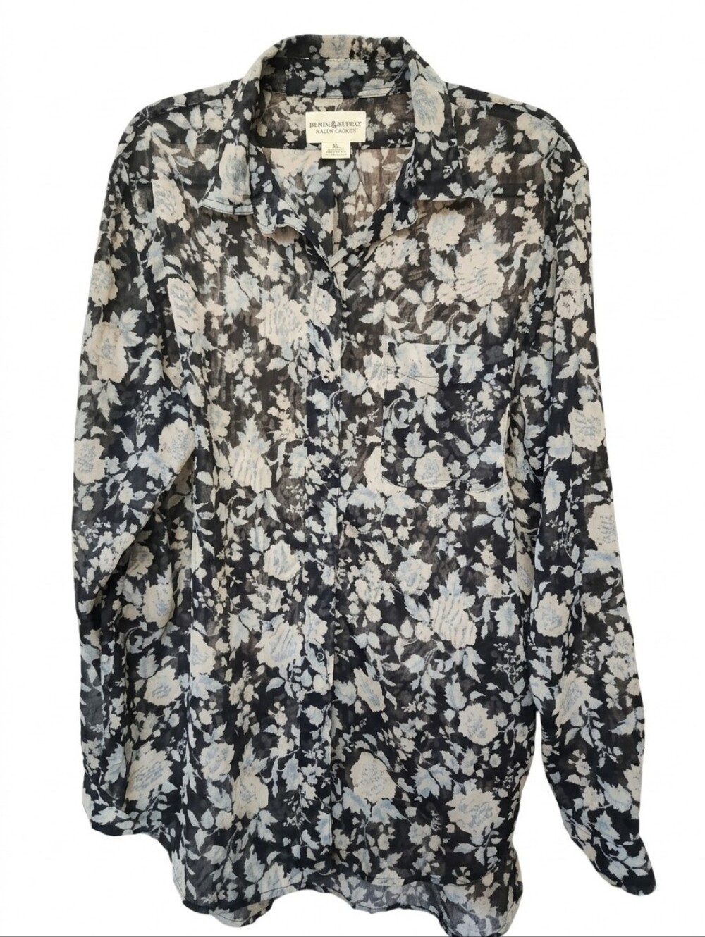Denim & Supply Ralph Lauren Sheer Floral Tunic Blouse Black Cream XL Boho